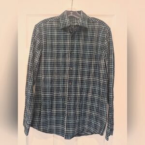 Tasso Elba men dress Cotton Button Down Relax Fit Blue Plaid shirt Sz S 14/14.5